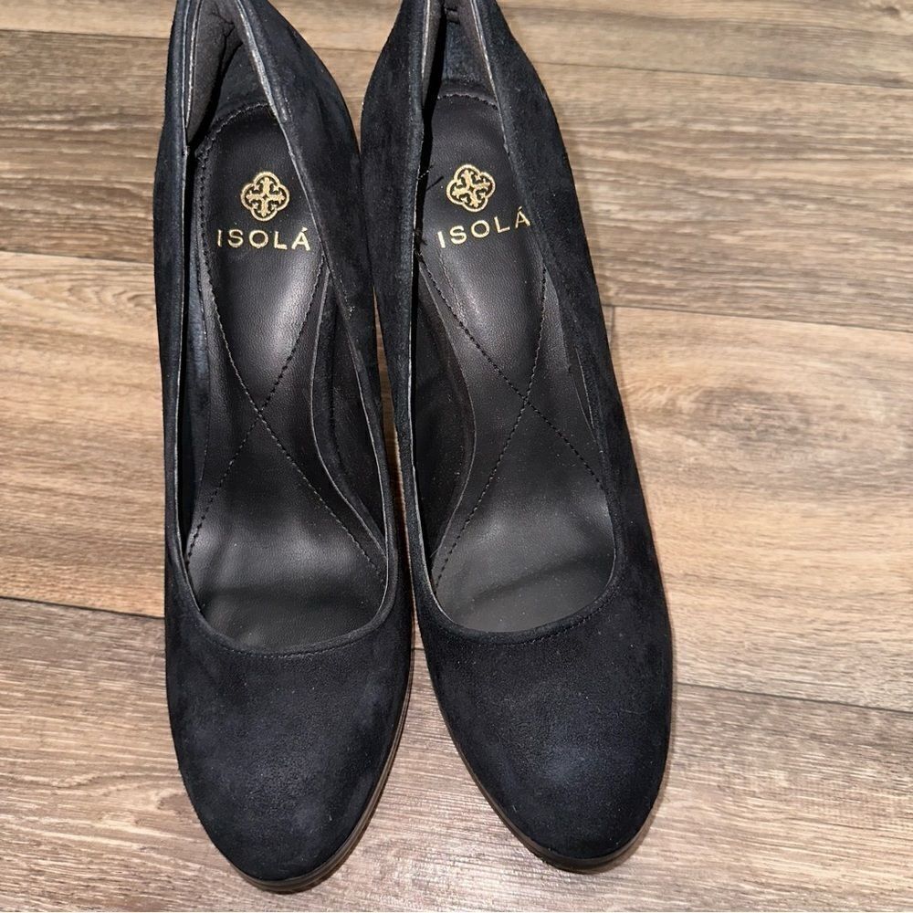 New Isola Hayley Black small platform, block suede 4” heel sz 8.5